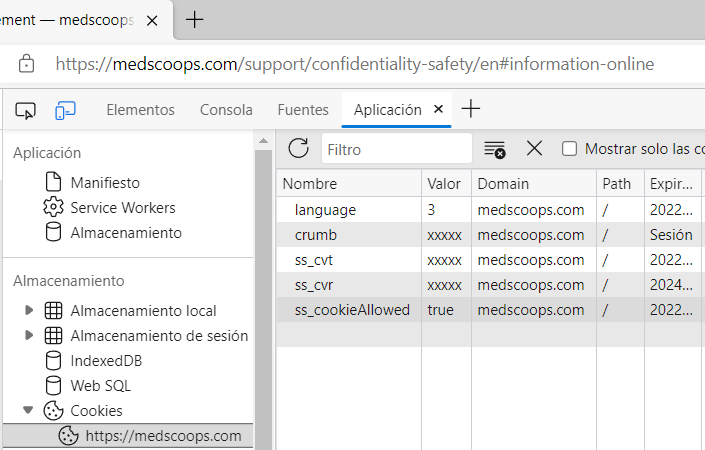Ejemplo Edge – figura 5 de 5: elegir «Aplicación» y luego el archivo «https://medscoops.com» para borrar, añadir y editar cookies (cliquear para reiniciar)